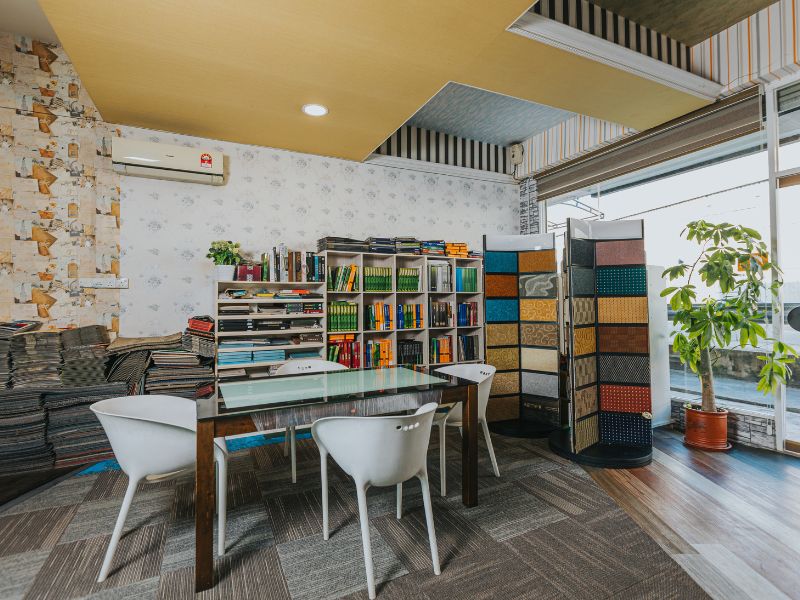 Flooring and carpet samples inside the Win Seng showroom